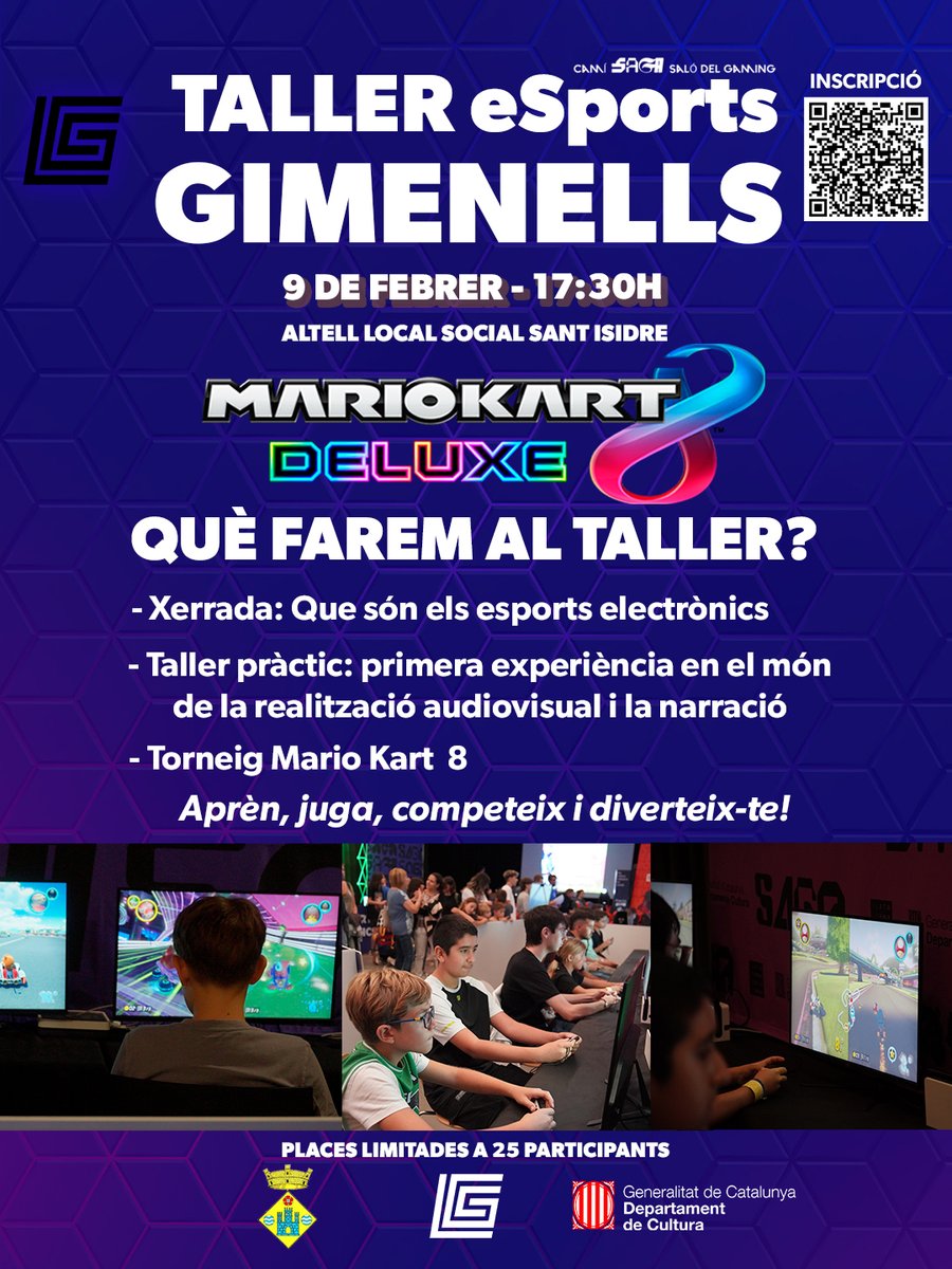 🎮 TALLER d’eSPORTS – GIMENELLS 🏁

📅 9 de febrer
🕠 17:30 h
📍 Altell del Local Social Sant Isidre
👉 Descobreix què són els esports electrònics, participa en un taller pràctic de realització audiovisual i narració 🎥🎙️
🏎️ I competeix en un torneig de Mario Kart 8 Deluxe!
✨
