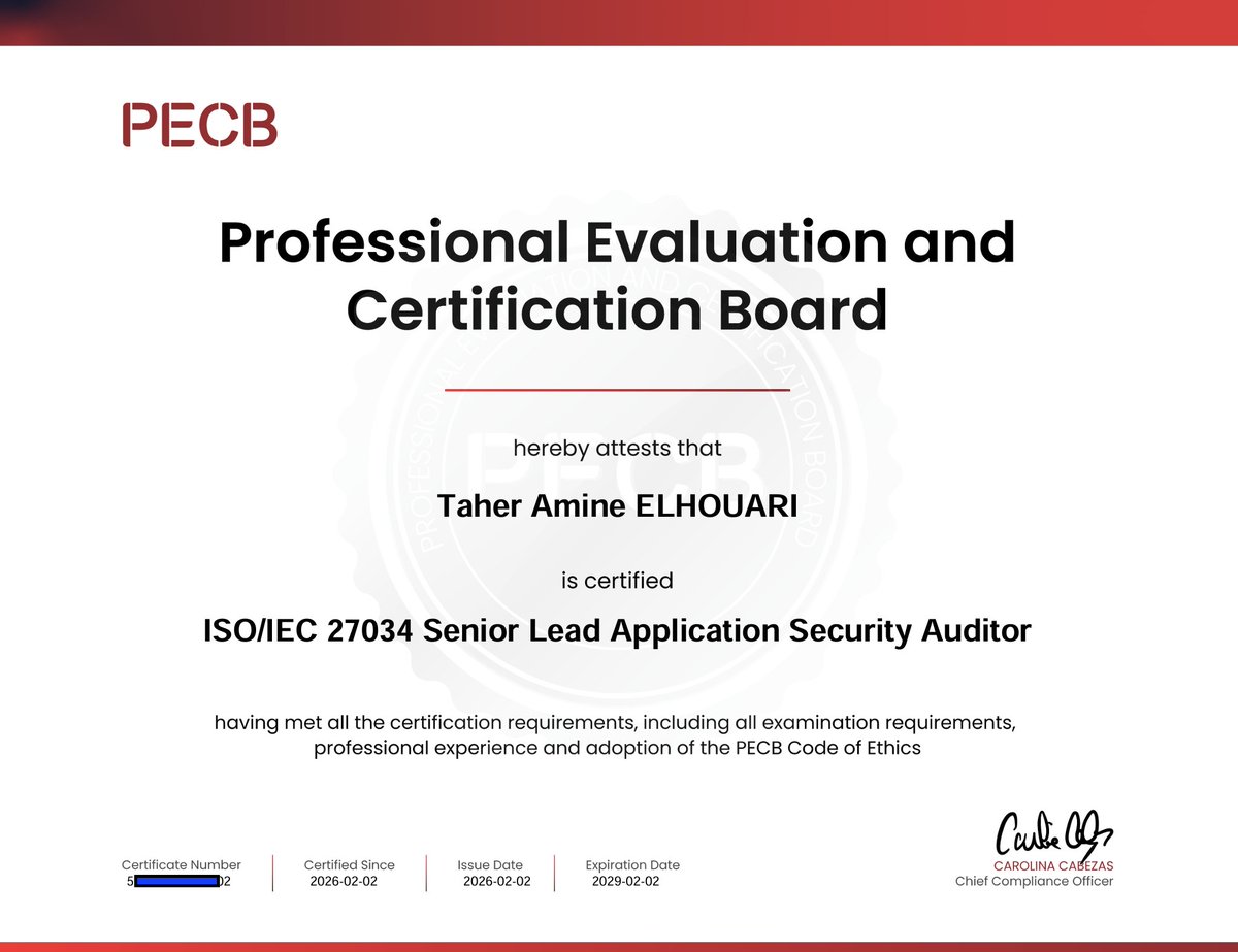 MrTaherAmine's tweet photo. Iโm pleased to share my new certification as an "ISO/IEC 27034 Senior Lead Application Security Auditor", issued by PECB,
#ISO27034 #ApplicationSecurity #ASMS #AppSec #SecureSoftware #Cybersecurity #Audit #GRC #PECB #ContinuousImprovement #SSDLC #OWASP #CyberSec #InfoSec https://t.co/vXuUJGk0B4