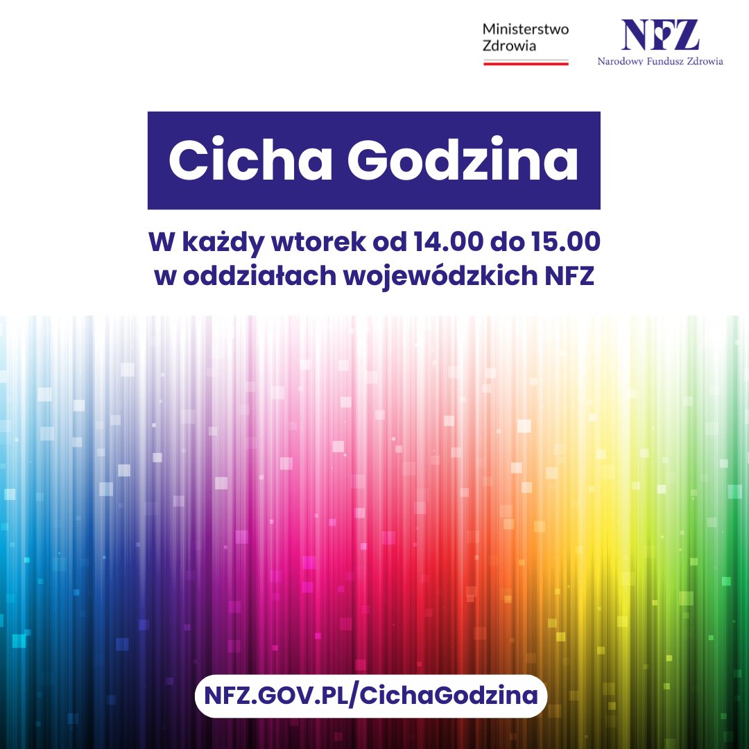 🕑 Równo o 14 w Salach Obsługi Klientów #WielkopolskiNFZ w #Poznań zacznie się #CichaGodzina. I tak co wtorek.

To czas stworzony z myślą o osobach ze szczególnymi potrzebami:
🔕 cisza i spokój
💡 łagodne oświetlenie
🤝 spokojna komunikacja

📍Grunwaldzka 158
📍Baraniaka 88D b. E