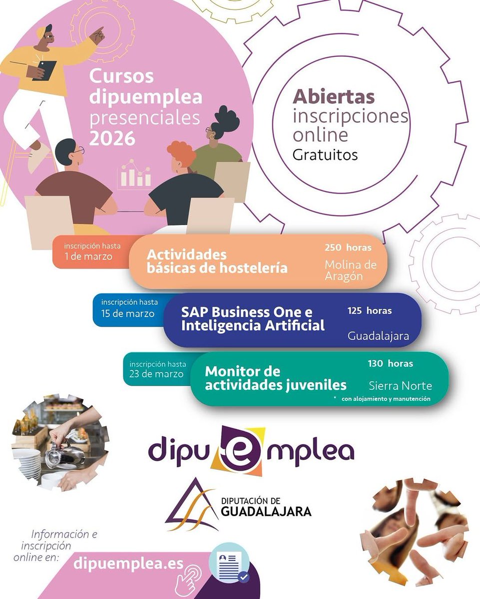 Inscripciones abiertas para Cursos DipuEmplea Plus 2026.
Formación presencial y gratuita:
 ✔Hostelería
 ✔SAP Business One e IA
 ✔Monitor de actividades juveniles 
➕ℹ e inscripciones:
👉 dipuemplea.es