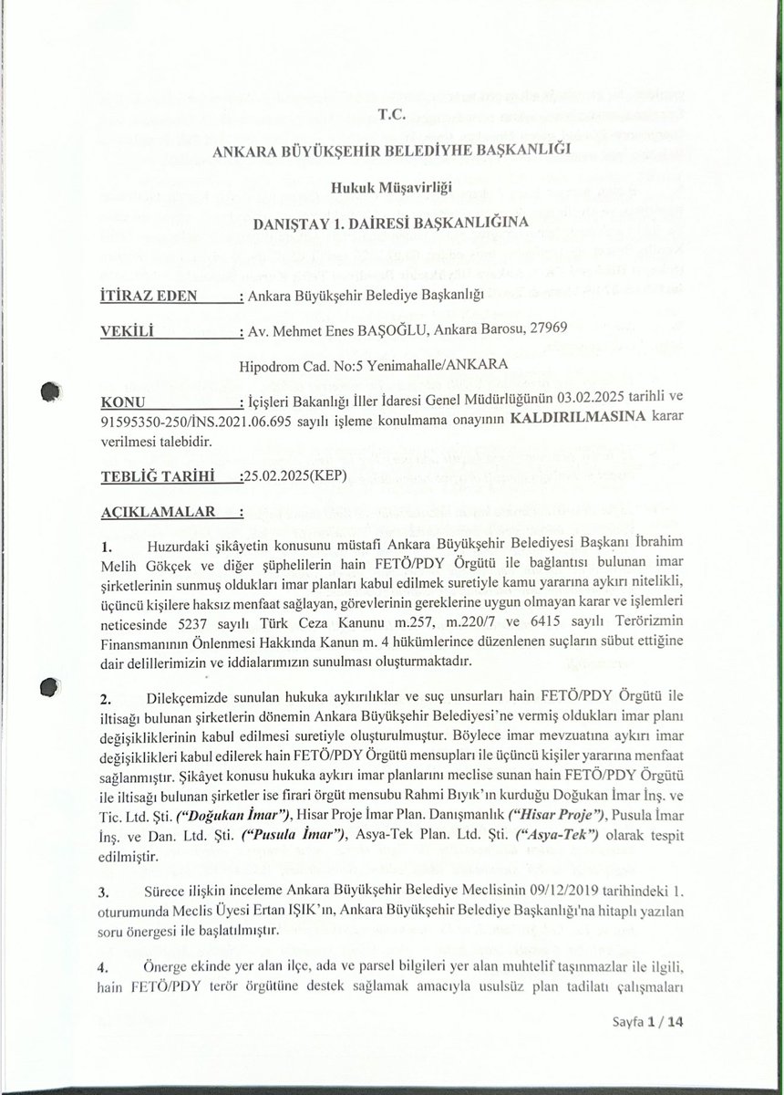 Danıştay’dan Melih Gökçek Hakkındaki Soruşturma Başvurusunda Kritik Karar

Ankara Büyükşehir Belediyesi’nin, görevden alınan eski Belediye Başkanı Melih Gökçek döneminde “parsel parsel” FETÖ ve FETÖ bağlantılı kişi ve şirketlere, imar planları yoluyla menfaat sağlandığı