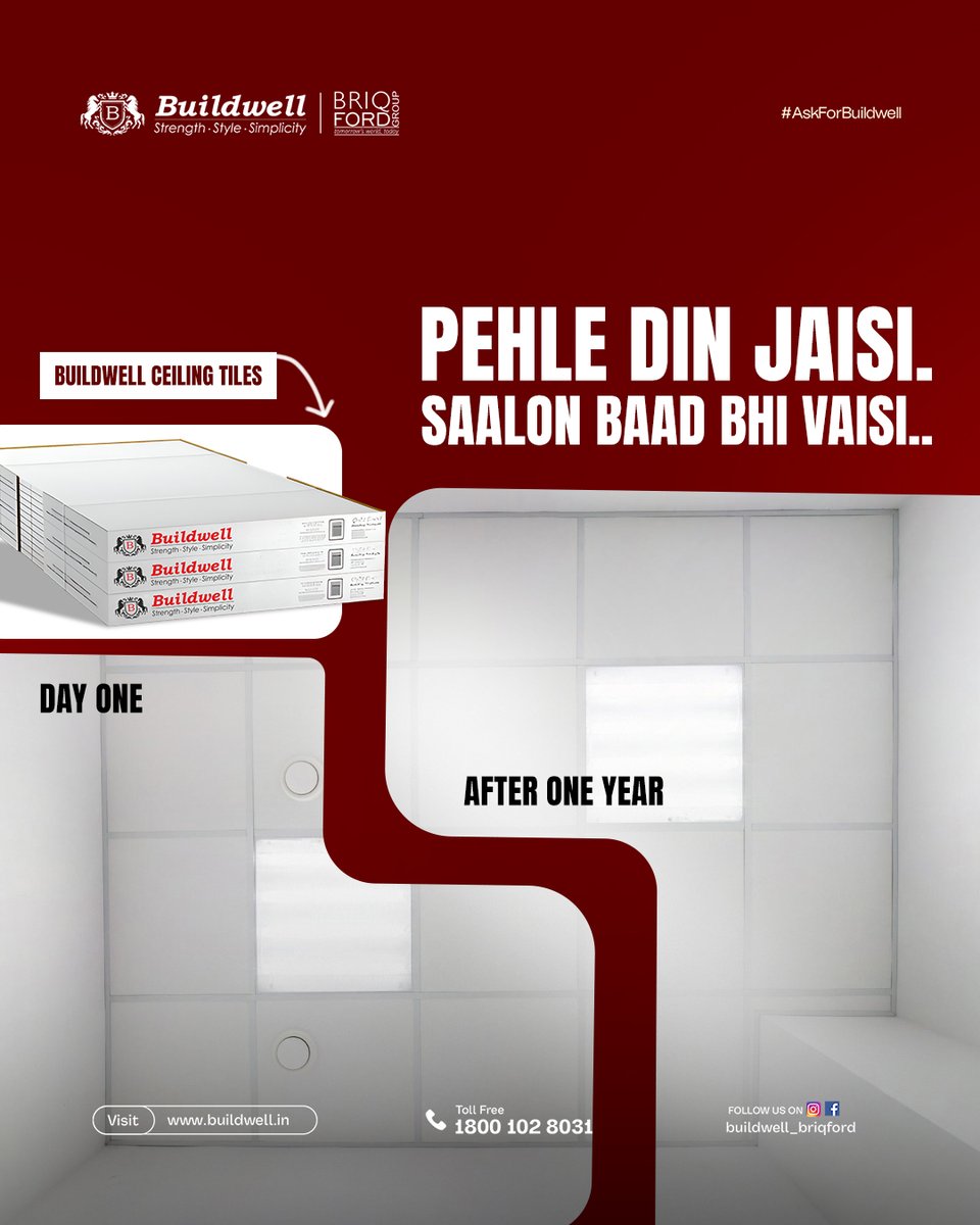 buildwell_india's tweet image. Day one ho ya saalon baad—ceiling ka look same rehna chahiye.
Buildwell Ceiling Tiles don’t age, they perform.
Kyuki quality sirf dikhni nahi chahiye, tikni bhi chahiye.#Buildwell #AskForBuildwell #CeilingThatLasts #BuiltToLast #IndianConstruction