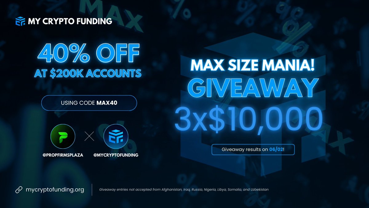 🚀 3 × $10,000 Challenges Giveaway 
In partnership with My Crypto Funding 🎁

40% OFF + BOGO on $200k accounts!
(Use code: PLAZA40)

How to enter:
✅ Follow <a href="/propfirmsplaza/">Prop Firms Plaza</a> <a href="/MyCryptoFunding/">My Crypto Funding</a> <a href="/muthaiah4x/">𝗭𝝨𝗡𝗜𝗧𝗦𝗨 🔱</a>
❤️ Like &amp; Repost
👥 Tag 3 trader friends in the comments

Ends soon! ⏳