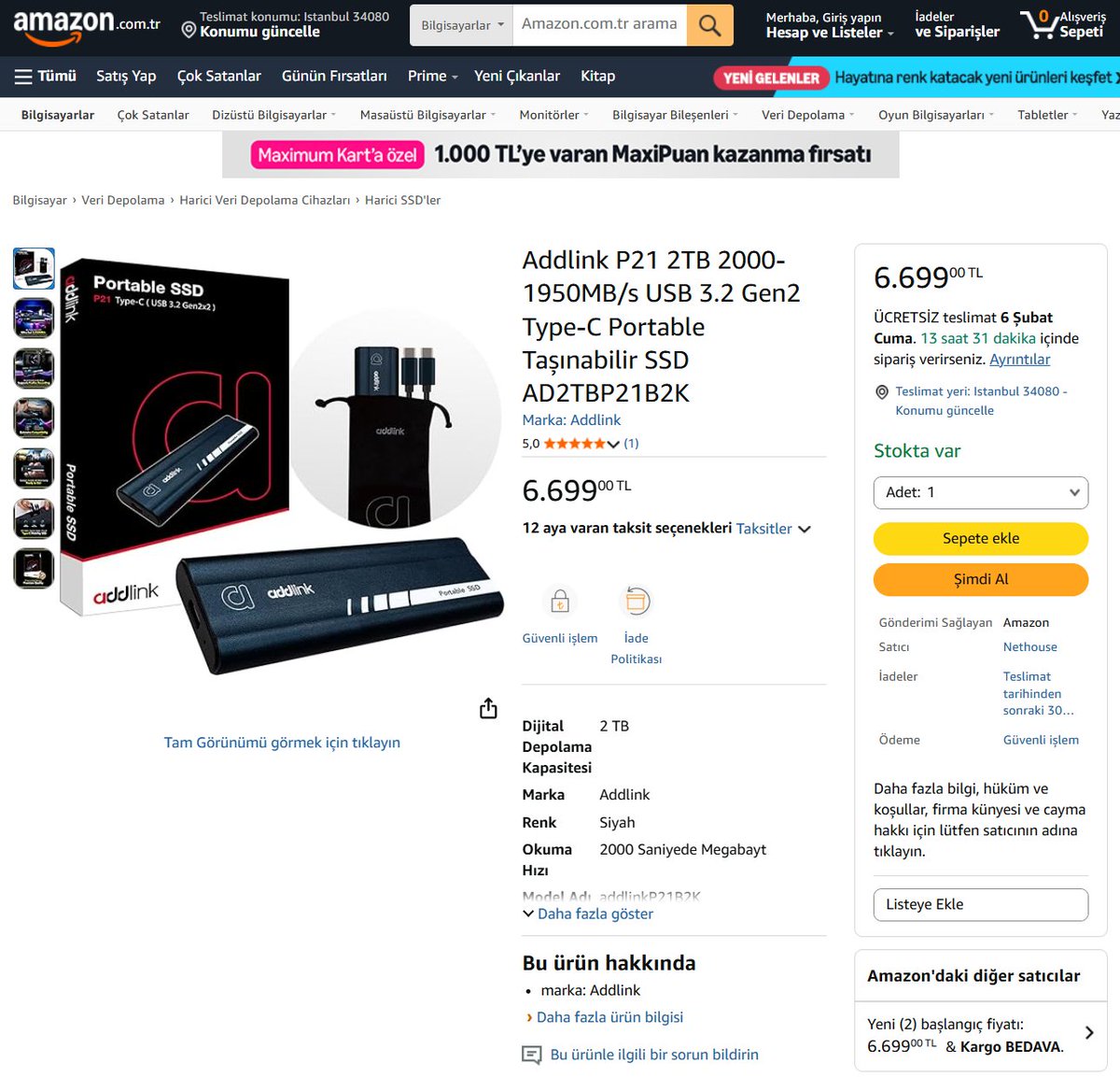 🔥🔥🔥 6699₺ Addlink P21 2TB 2000-1950MB/s USB 3.2 Gen2 Type-C Portable Taşınabilir SSD AD2TBP21B2K
🔗 tinyurl.com/zm64xf9b

📌 Taşınabilir SSD olduğu için GEN2 olması bir eksi puan yazmaz. Bu piyasada bu fiyata çok iyi ürün. 

#işbirliği #amazon