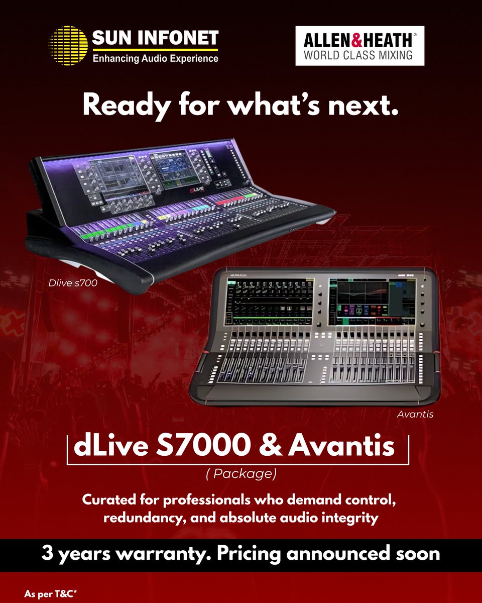 SunInfonetAudio's tweet photo. Power. Precision. Possibility. 
 
 Introducing Allen &amp; Heath dLive &amp; Avantis Packages 
carefully curated systems built for the most demanding professional environments.

✔ Engineered for uncompromising sound
 ✔ Backed by a 3-year warranty https://t.co/bSOICtwsnR