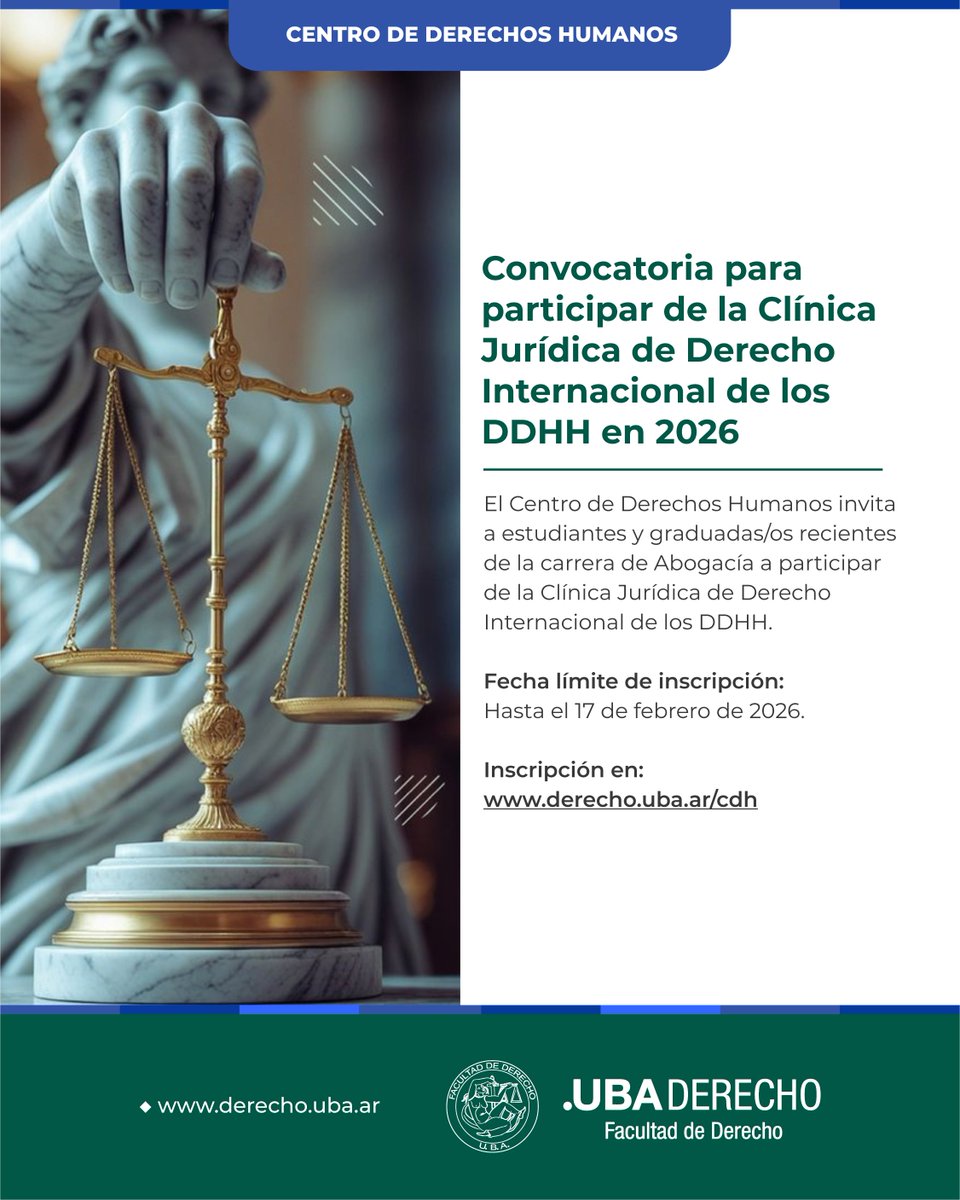 📢📚 Convocatoria para participar de la Clínica Jurídica de Derecho Internacional de los DDHH

@cdh_derechouba 

📅 Fecha límite de inscripción: hasta el 17 de febrero

➕ Más información: bit.ly/3M2YjTE

#Convocatoria #ClínicaJurídica #DDHH