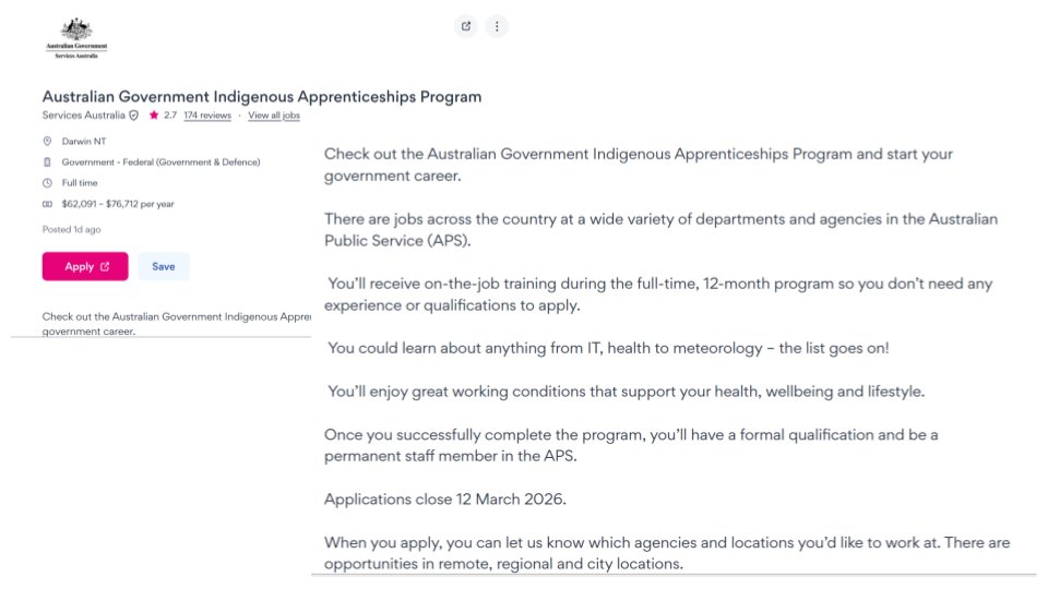 Ah 寫一篇簡單觀察：
簡單講人已經舞 50年超過 ah neh!!!

Aulâm政府(gov.au) 頭路 hō͘ in ê 原住民族一年學各種 in 興趣 ê 技術訓練有一般全薪 5 60萬（AUD 60K+ 已換在地物價生活感）- Australian Government Indigenous Apprenticeships Program 
taioanlang.blogspot.com/2026/02/aulamg…