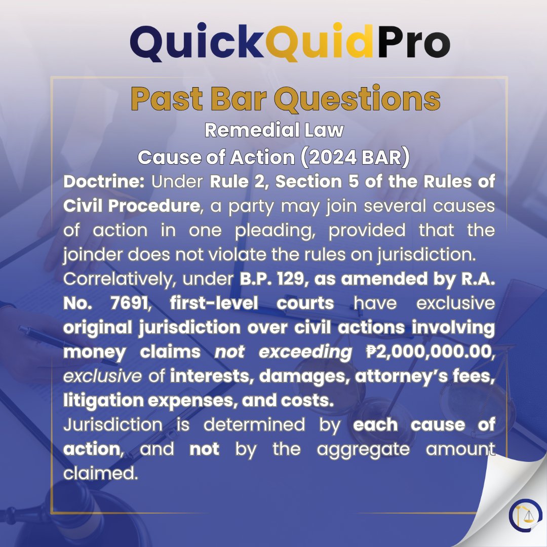 QuickQuid_Pro's tweet image. Remedial Law: Past Bar Questions ⚖️📷Cause of Action (2024 Bar)     

See more : facebook.com/quickquidproph/ 

#AweSAMbar2026 
#StrivewithHopeandGrit
#SuccessAchievedthroughMerit💛
