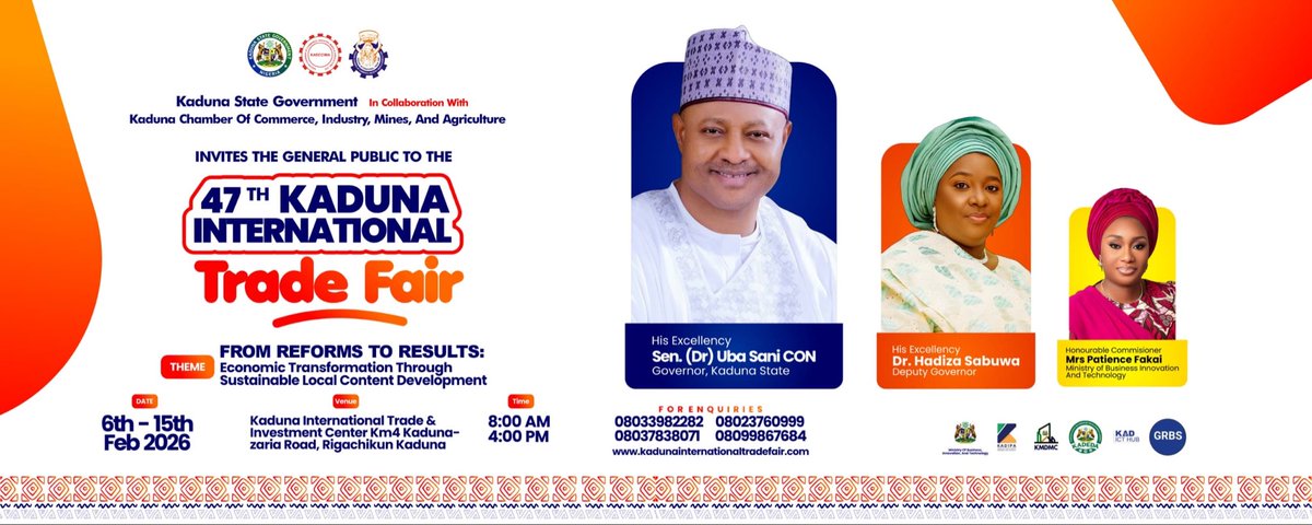 KadIntTradeFair's tweet photo. The 47th Kaduna International Trade Fair is here!
Join us as we move From Reforms to Results; driving economic transformation through sustainable local content development.
📍Trade Fair Complex, Rigachikun, Kaduna 
Date: 6–15 Feb 2026. https://t.co/VOnM7Uxp3N
