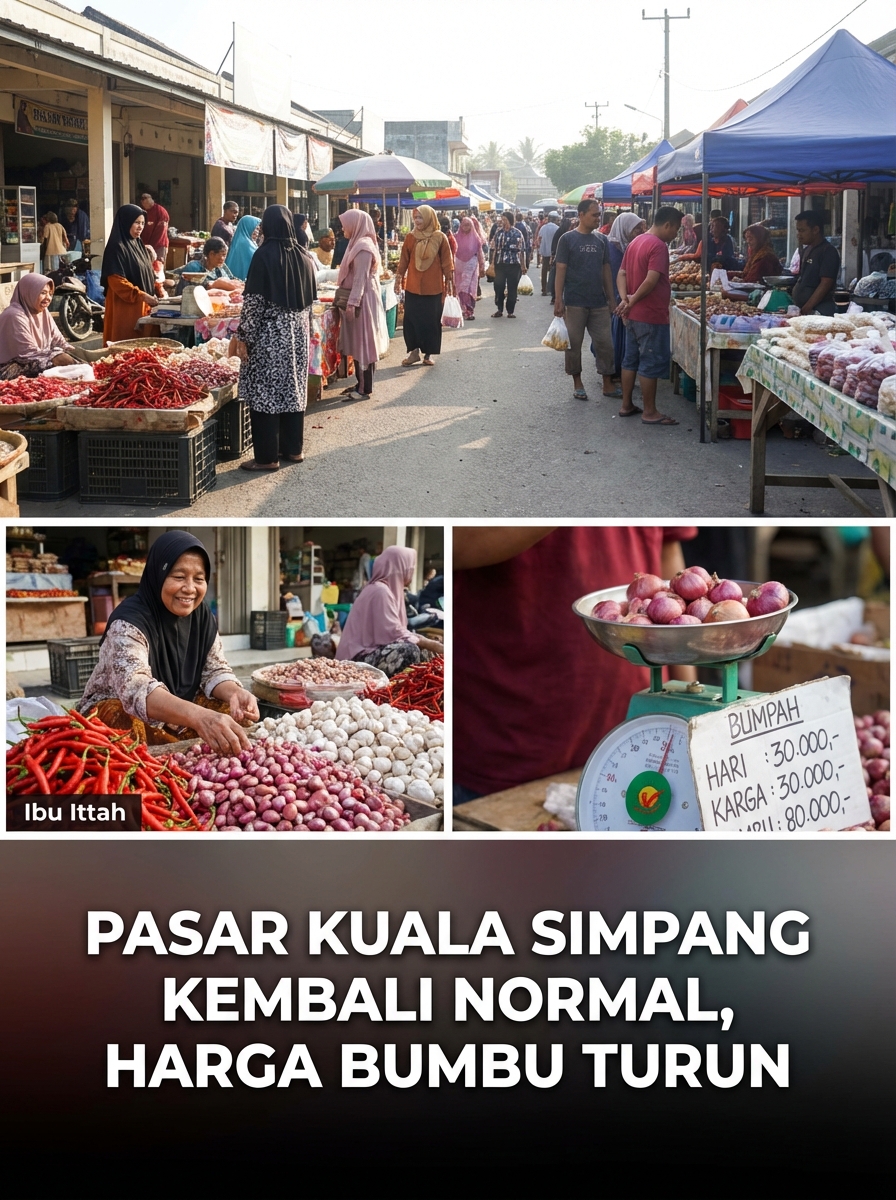 Belanja nggak bikin kaget lagi!

Harga cabai &amp; bawang di Kuala Simpang resmi turun.
Pasar mulai ramai, dapur aman, dompet lega.
Sudah ke pasar hari ini?”

foto: ilustrasi