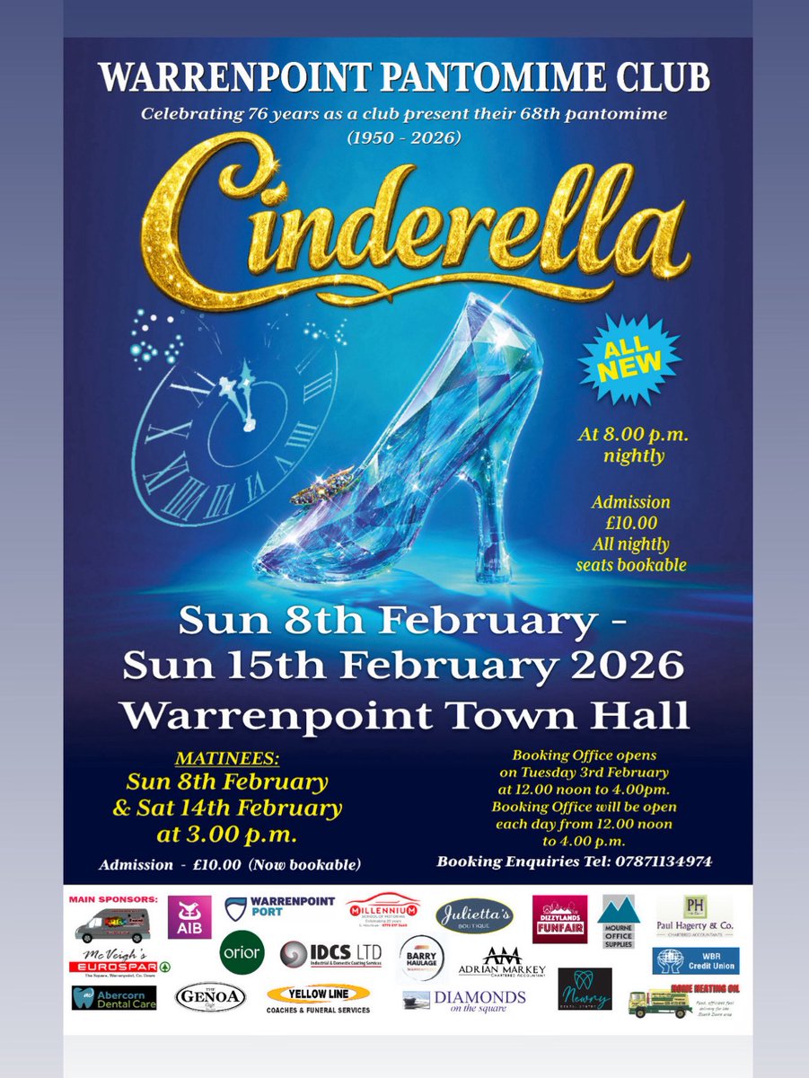 ClubPanto's tweet photo. Box Office opens Today 12-4pm #warrenpoint Town Hall. @WarrenpointGAA @warrenpoint @thepointfc @centre4point @PortWarrenpoint @visitwpoint 
#Community #Pantomime #Cinderella https://t.co/FVkZtjpUcH