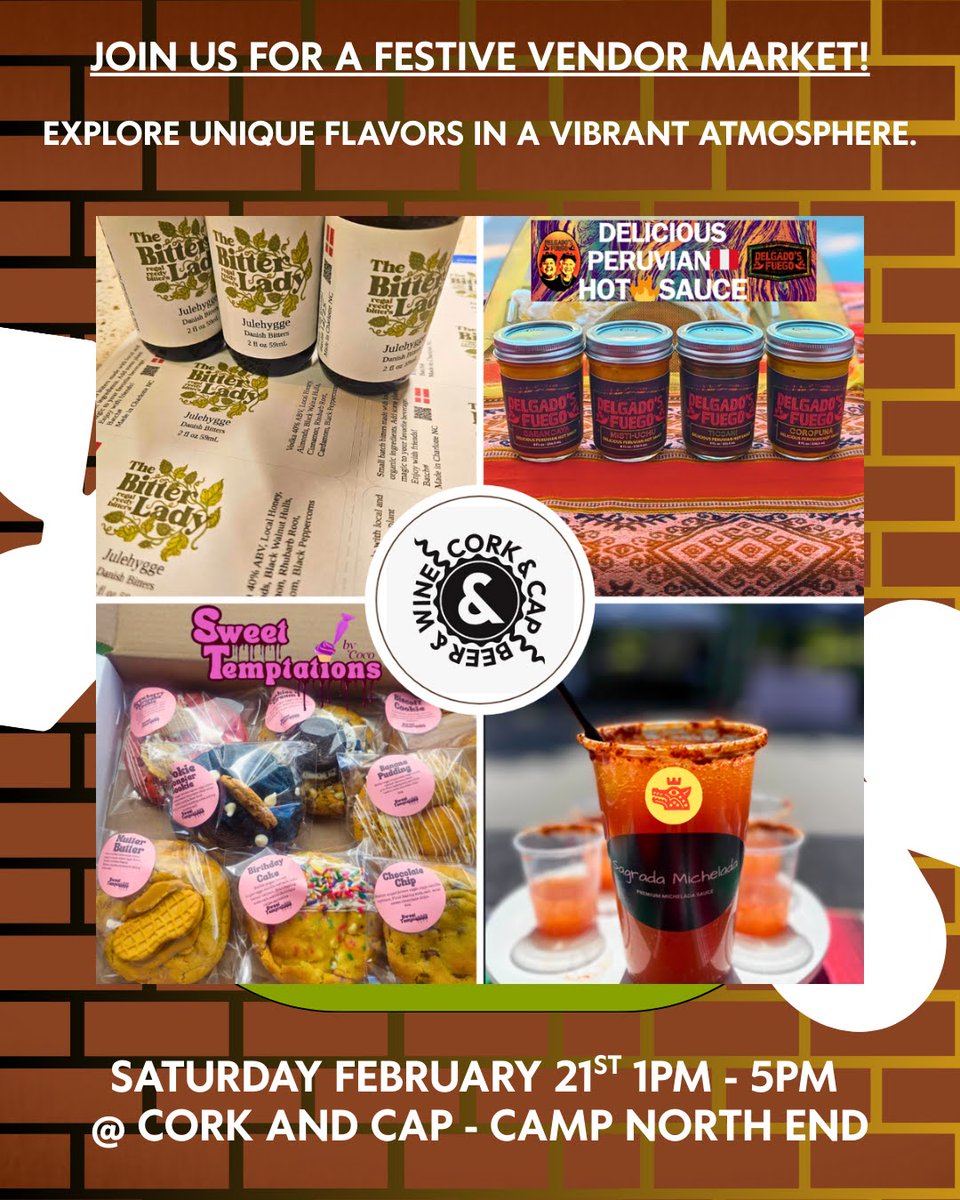 delgadosfuego's tweet photo. FESTIVE MARKET VIBES 
Feb 21, 1-5 PM at @corkcap

Artisanal organic cocktail bitters @thebitterlady
Delicious Peruvian hot sauce @delgadosfuego
Irresistible fresh-baked treats @sweettemptationsbyco
Only Premium Michelada Mix in the Carolinas @sagrada_michelada

Stop by if in the @campnorthend neighborhood and support local!
We'll be steps away from the food stalls

shout out to @tipsypickleclt for turning one!🎉

#weputdafuegoinfire #delgadosfuego