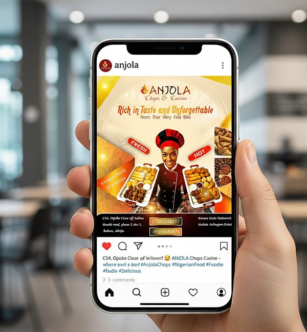 OlabsAustine's tweet photo. Yesterday was Part 1 — here’s Part 2 💡

Mockups created for Anjola Chops to showcase their brand in real spaces.

Hungry already? 😋
📍 Available for orders &amp; collaborations #worldwide #fooddesign #grapicdesign #fyp #goviral 

Check thread for More 🧵👇 https://t.co/TDdAGEpxBa