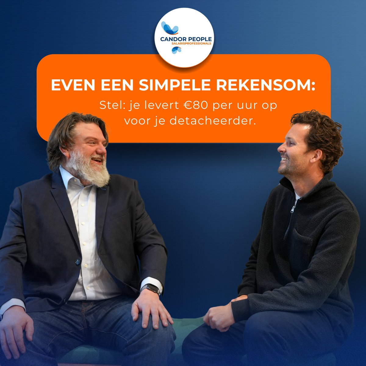 CandorPeople's tweet photo. Stel: je levert €80 per uur op voor je detacheerder. Bij een marktstandaard bureau (45% marge): €44 voor jou. Bij Candor People (70%): €56 voor jou.

Dat is €12 per uur verschil. Bij 1600 uur per jaar: €19.200. 

Stuur ons een berichtje 👉 dan krijg je jouw berekening. https://t.co/0IL82CtEBP
