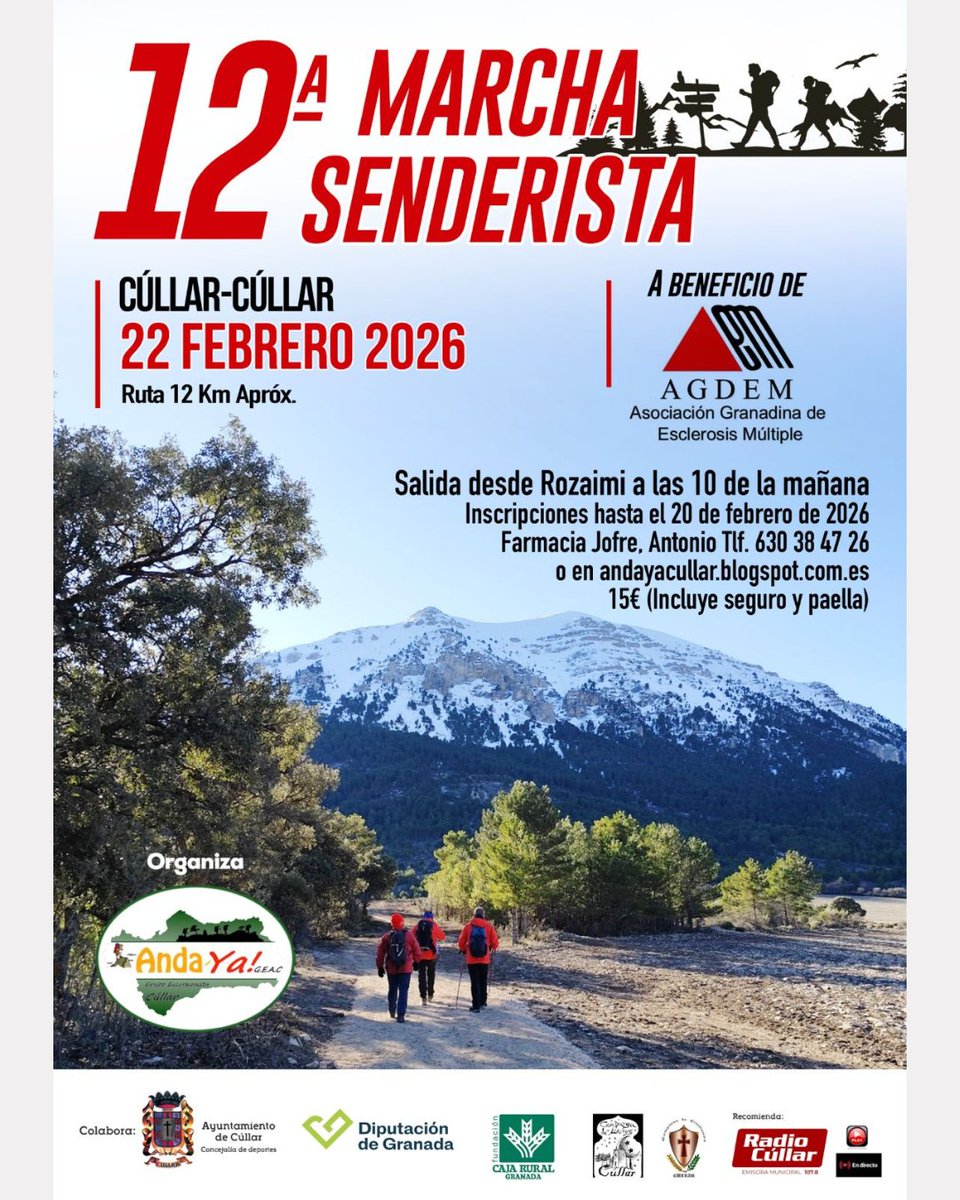 agdem_granada's tweet photo. 🥾 12ª MARCHA SENDERISTA – CÚLLAR 🥾
📍 Lugar: Cúllar (Granada) 22 de febrero de 2026
⏰ Salida: 10:00 h📌Punto de salida: Rozaimi
💙A beneficio de AGDEM
➡️ Dónde inscribirse: Farmacia Jofre (Cúllar)
📞 Antonio: 630 38 47 26
Online: https://t.co/XptgaYx43R
💶 Precio: 15 € https://t.co/N2rwcvVefS