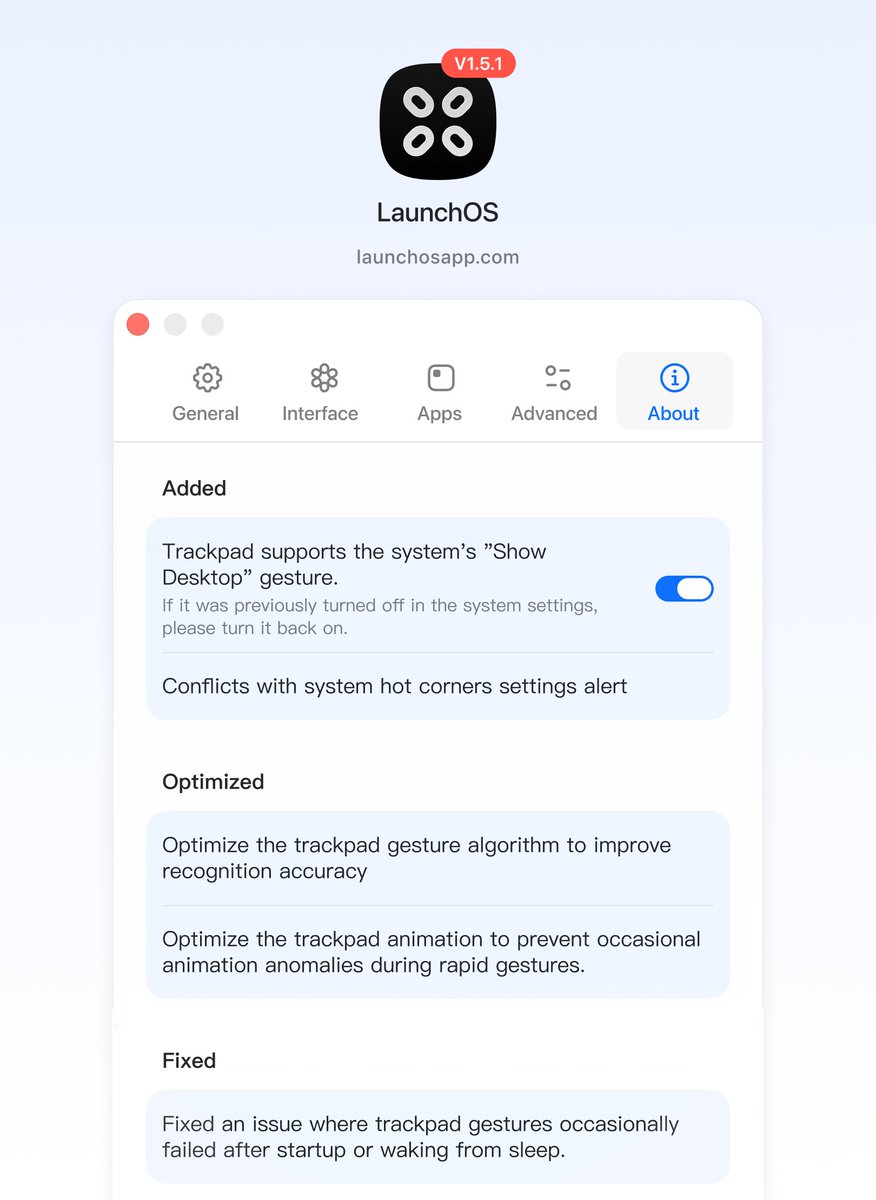 We’ve shipped a small version with a big update: 
A completely rebuilt trackpad gesture engine！

LaunchOS — the best Launchpad alternative on macOS  26 yet.