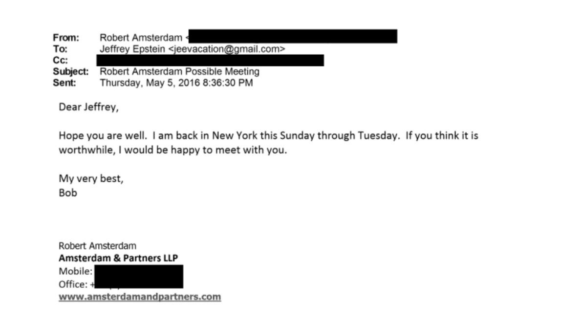 Hi <a href="/robertamsterdam/">Robert Amsterdam</a>, 

Have you seen your Epstein File appearances? We are still digging but it looks like you and your firm <a href="/amsterdamllp/">Amsterdam & Partners</a> might have a PR nightmare coming up. 

You represent autocrats like Turkish Strongman Recep Tayyip Erdoğa whose human rights record is very