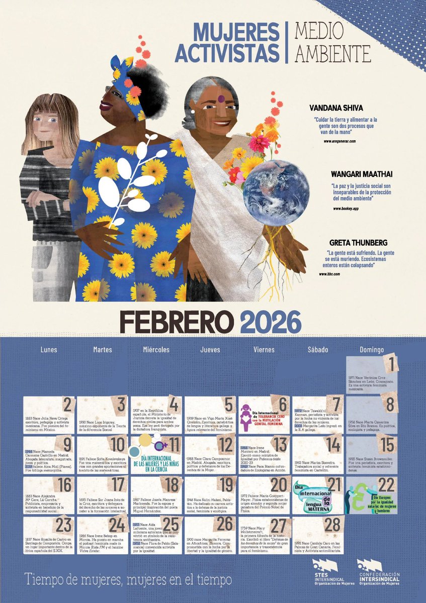 Este mes de febrero nuestro calendario está dedicado a las #mujeresactivistas de #MedioAmbiente como Greta Thunberg, Vandana Shiva y Wangari Maathai.

🗓 Puedes acceder al calendario completo aquí: issuu.com/confederacion_…

‼ Recuerda que incluye propuestas didácticas.