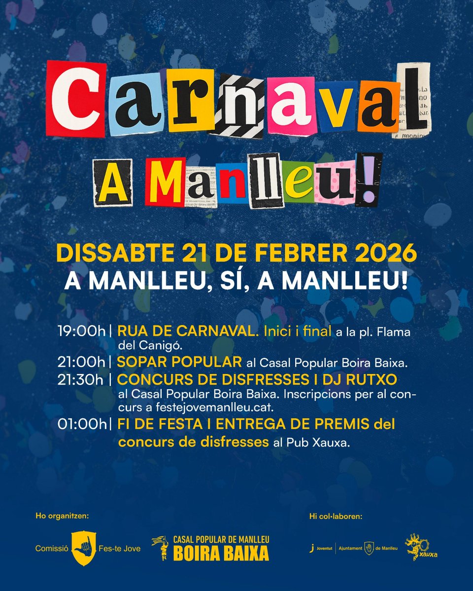 🥳 Presentem el cartell complet de la celebració de Carnaval a #Manlleu que organitzem amb @festejove el proper dissabte 21 de febrer!

🎉 Rua, sopar, concurs de disfresses, DJ Rutxo i més. La farem molt grossa. Us hi esperem!