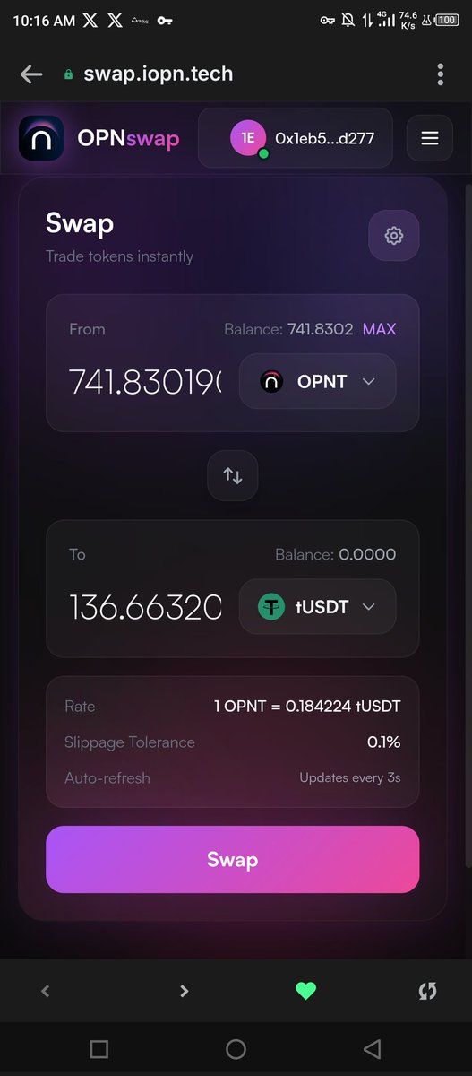Aboosvraj's tweet photo. Facing issue on @IOPn_io swap ?

So it's now been fixed, give it a try it's very seamless and fast to execute. the @IOPn_io testnet is on the horizon.

Mainnet Soon 🙏

Swap issue is fixed now. Swaps on the OPN Testnet are working again  go try it out.

#OPN #OPNT #IOPN https://t.co/29rWiXvmCt