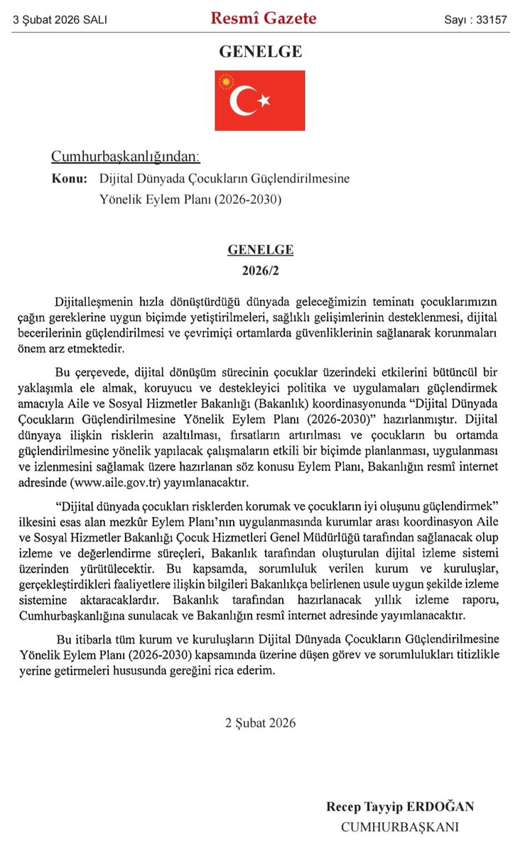 Resmi Gazete’de yayımlanan “Dijital Dünyada Çocukların Güçlendirilmesine Yönelik Eylem Planı (2026–2030)” ile çocuklarımızın dijital ortamda bilinçli ve güvenli bireyler olarak yetiştirilmesi hedeflenmiştir. Bu doğrultuda, Bilişim Teknolojileri dersinin anaokulundan itibaren