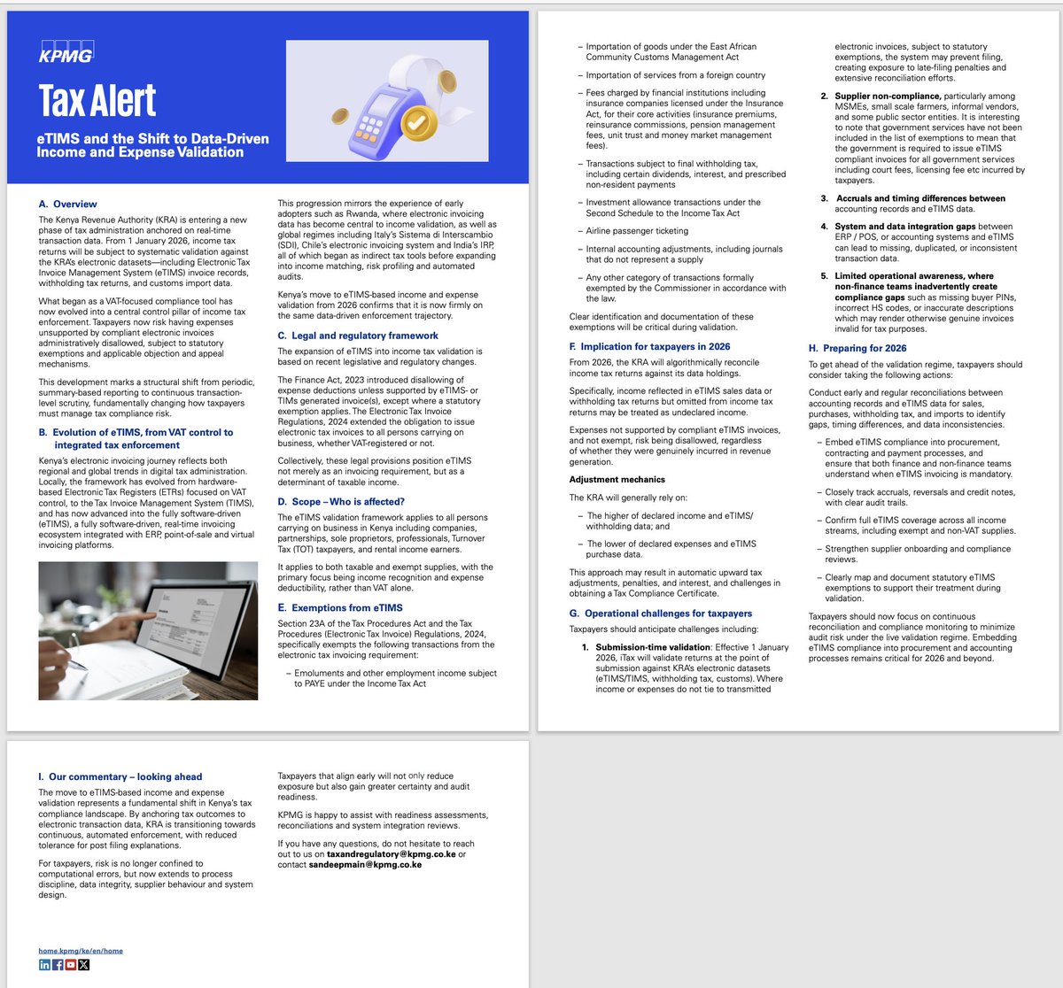 MwangoCapital's tweet photo. KPMG has issued a tax Alert on eTIMS:

—KRA is moving from summary-based reporting to continuous, transaction-level scrutiny by algorithmically reconciling income tax returns against electronic datasets, including eTIMS, withholding tax, and customs data.

—Business expenses that are NOT supported by compliant eTIMS invoices (and not specifically exempt) will be automatically disallowed, regardless of whether the costs were genuine.

—KRA will cross-check declared income against its digital records; any income omitted from returns but reflected in eTIMS or withholding data may be treated as undeclared, triggering upward tax adjustments.

—Taxpayers must ensure all transactions are backed by electronic invoices transmitted with the buyer’s PIN to avoid automatic rejection of expense claims.

—Income declared outside eTIMS data may be treated as undeclared, triggering upward tax adjustments.

—Compliance is required by all companies, partnerships, sole proprietors, professionals, and rental income earners carrying on business in Kenya.

—Specific categories like employee emoluments (PAYE), interest from financial institutions, and airline ticketing are exempt from the eTIMS invoicing requirement, though clear documentation remains critical.

—Businesses should prepare for operational hurdles such as timing mismatches between accounting periods and invoice issuance, as well as non-compliance from informal suppliers or small vendors.

—Taxpayers are advised to conduct regular reconciliations between accounting ledgers and eTIMS data, strengthen supplier onboarding, and embed eTIMS compliance into their procurement workflows