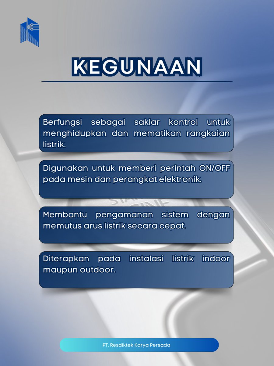 resdiktek_karya's tweet photo. Push Button Switch adalah saklar listrik yang dioperasikan dengan menekan tombol untuk menghubungkan atau memutus aliran listrik. Komponen ini banyak digunakan pada panel kontrol, mesin industri.

#resdiktekid #pushbuttonswitch #alatkontrol #kelistrikan https://t.co/szEx7THzns