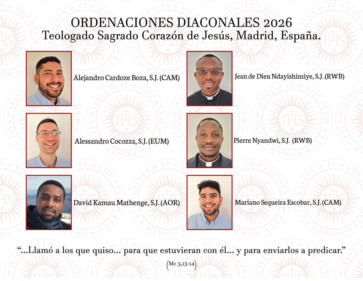 El próximo sábado 7 de febrero, 6 jesuitas procedentes de distintas provincias de la Compañía, recibirán el diaconado en la <a href="/ParroquiaBorja/">Parroquia San Francisco de Borja</a>. 
▶️Podrá seguirse online aquí: youtube.com/live/1WouurmrZ… 
infosj.es/noticias/22039…