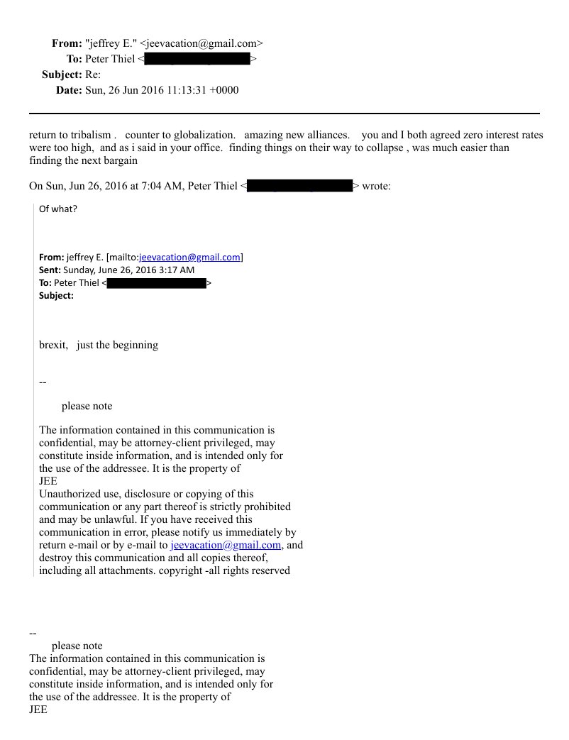 Brexit was "just the beginning" writes Epstein to finance guru Peter PayPal Thiel - ending globalisation, returning to "tribalism" (aka populist nationalism, here, there and currently everywhere)

To what end ? to make 𝐭𝐡𝐞𝐦 richer (otherwise why does he call it "the next