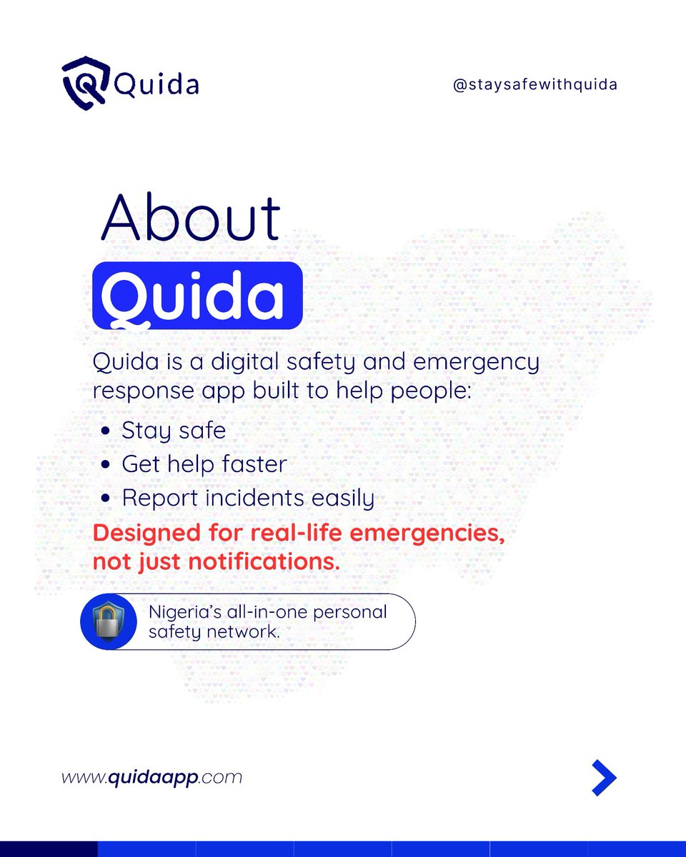 Quida_ltd's tweet photo. Meet QUIDA - your safety companion.👥💙
This thread highlights who we are, our vision, our commitment to safety, and the principles behind what we are building.
#quida #staysafewithquida https://t.co/JrPnoTZIBC