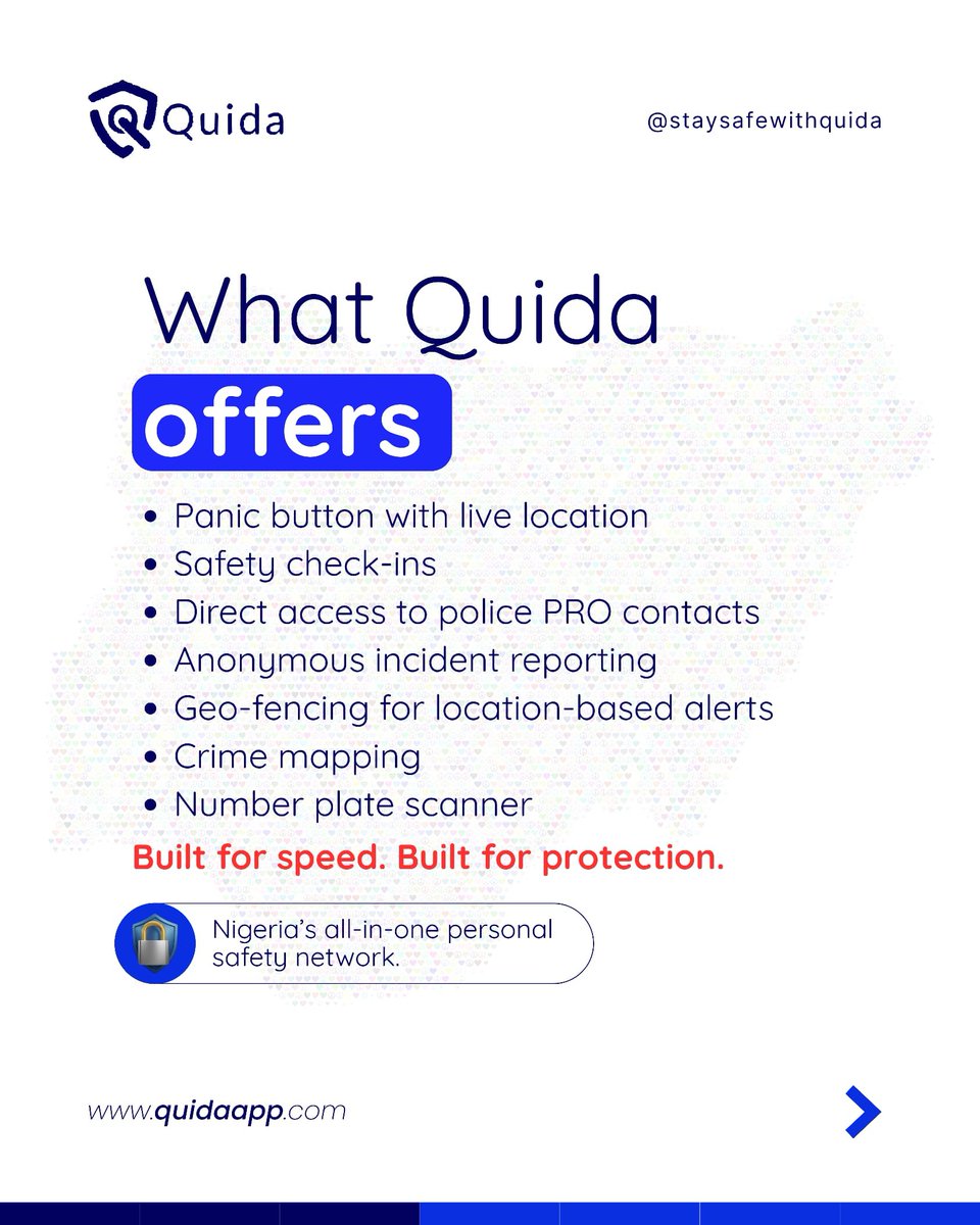 Quida_ltd's tweet photo. Meet QUIDA - your safety companion.👥💙
This thread highlights who we are, our vision, our commitment to safety, and the principles behind what we are building.
#quida #staysafewithquida https://t.co/JrPnoTZIBC