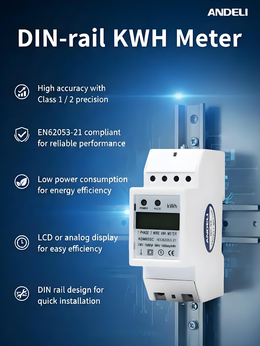 CoAndeli's tweet photo. DIN-rail KWH Meter ⚡

Upgrade your energy monitoring with the ADM Single-Phase Electronic Watt-Hour Meter — built for accuracy, reliability, and easy installation.

✅ Class 1 / 2 high accuracy
✅ EN62053-21 compliant
✅ Low power consumption
✅ Clear LCD or analog display https://t.co/V7ugGlphhD
