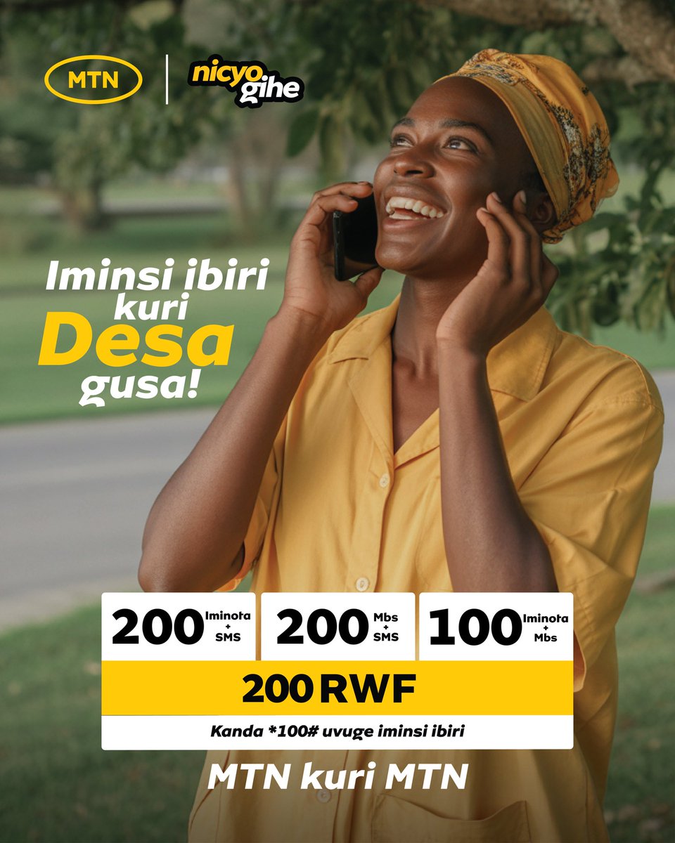 MTNRwanda's tweet photo. Uracyibaza uko wakomeza kuba online? Easy! 😎
Fata #Desade, kanda *100# maze umare iminsi ibiri umeze neza. Hitamo ipaki igukwiriye: 200 mins + 200 SMS 200MB + 200 SMS 100 mins + 100MB uryoherwe. #NicyoGihe https://t.co/4XLFxzWi9e