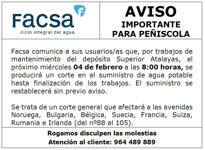 Facsa_es's tweet photo. ⚠️AVISO #Peñíscola: este miércoles 4/02 a partir de las 08:00h se producirá un corte en el suministro por trabajos de mantenimiento en el depósito Superior Atalayas. Disculpen las molestias.
@ajuntpeniscola https://t.co/Zx21VaaJ1E