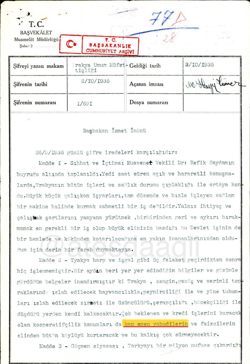 atesdaaqli's tweet photo. Epstein belgelerinde yamyamlık yapıldığı ortaya çıktı. Bu açıdan Atatürk döneminde Yahudilere “kan emen Yahudiler” denmesi dikkat çekici. 

İkinci Umûmî Müfettiş/Trakya Umûmî Müfettişi Kâzım Dirik, doğrudan Başbakan İsmet İnönü’ye yazdığı raporda Yahudileri 

 “Kan Emen Yahudiler” olarak betimlemiştir.