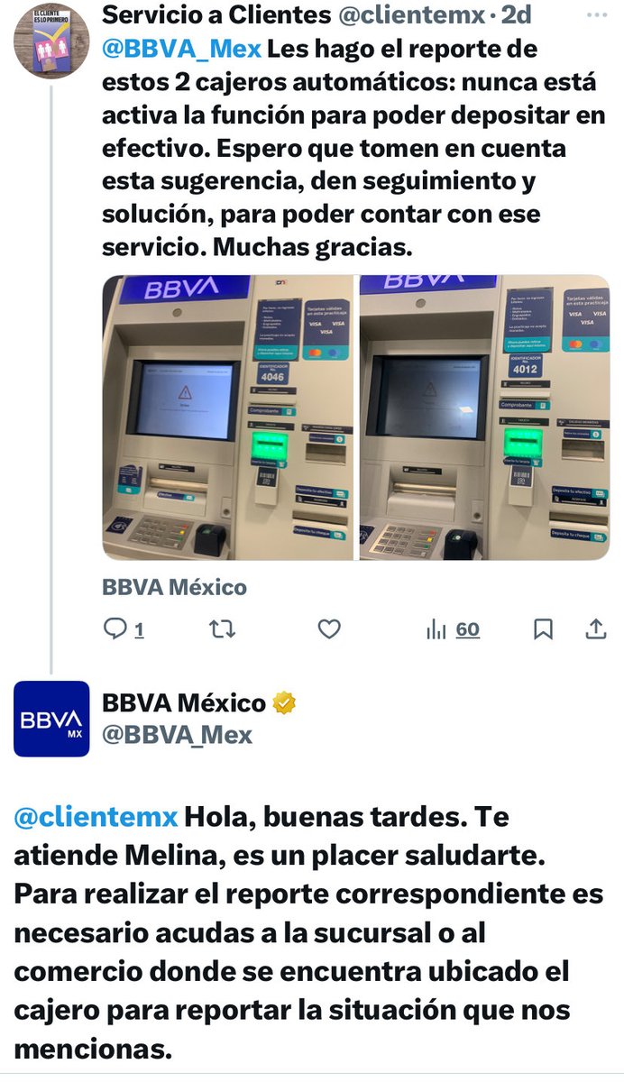 clientemx's tweet photo. @BBVA_Mex Solicitó: 1) Que tomen mi reporte SERIAMENTE desde aquí. 2) Que un equipo técnico revise esos cajeros. 3) Que me den un número de folio de reporte. Mi queja es sobre la funcionalidad del servicio, no sobre una transacción. @BBVA_Mex @bbva @BBVA_espana https://t.co/WX9C1PoklH