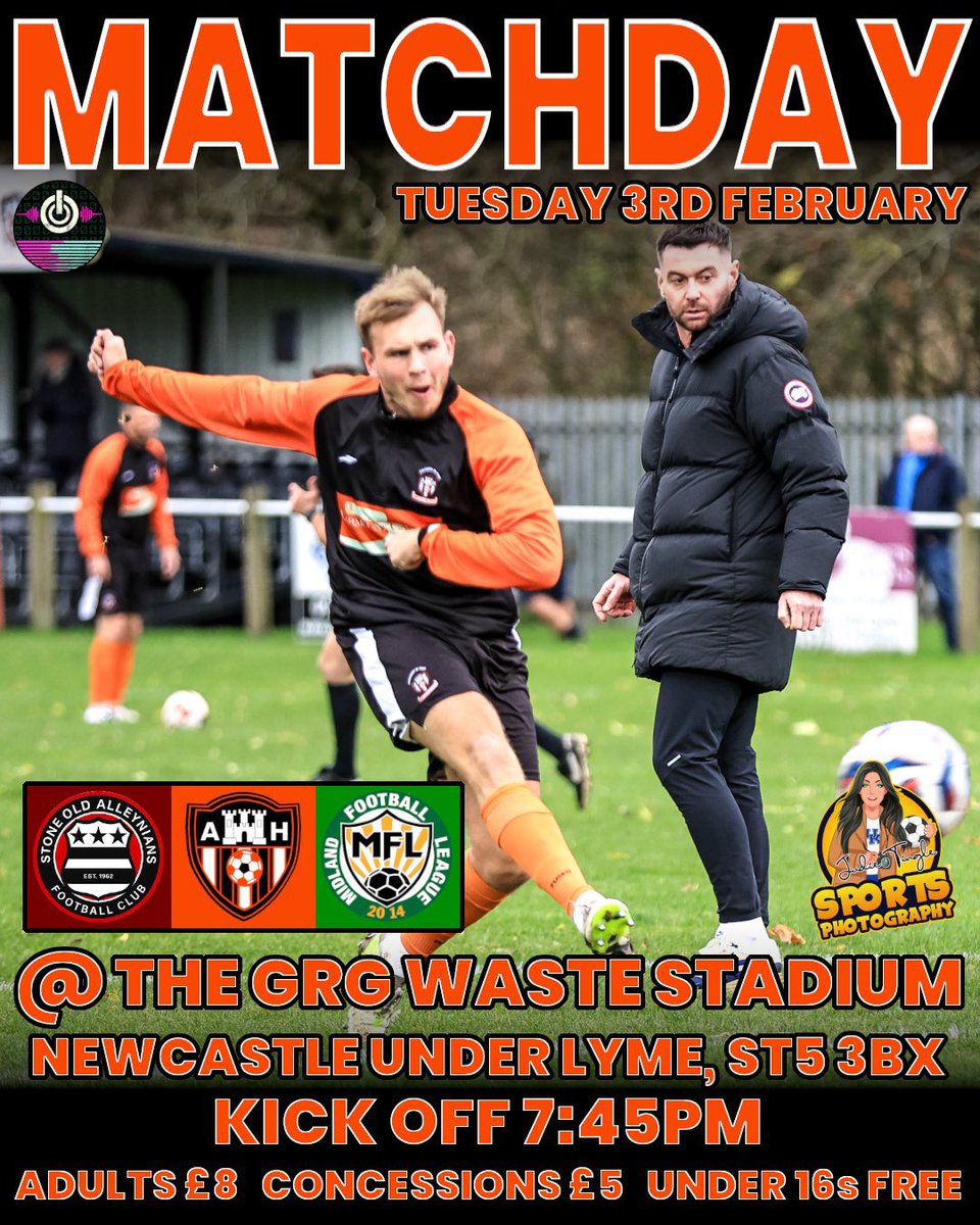 MATCHDAY 🟧⬛️

A short trip over to Newcastle tonight where we are in league action once again. Let’s hope the lads can dust themselves down from Saturdays disappointment and get three points this evening.

🆚 <a href="/stone_OA/">Stone Old Alleynians Football Club</a> 
🏟️ GRG Waste Stadium, Newcastle ST5 3BX
🕖 Kick off 7:45PM