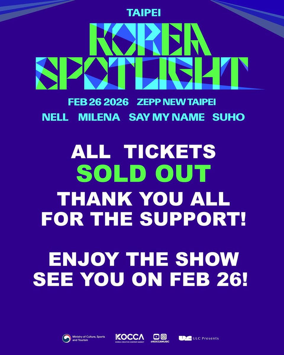 exochartstats's tweet photo. Tickets for 'Korea Spotlight' in Taipei on February 26 2026 with SUHO are now SOLD OUT! https://t.co/tBostw4DU5