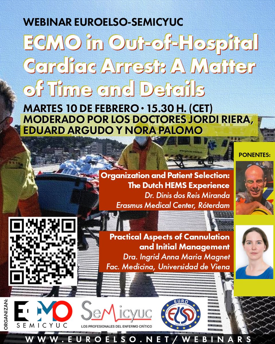 El próximo martes 10 de febrero a las 15.30 h., la SEMICYUC y <a href="/EuroELSO/">EuroELSO</a> organizan un webinar conjunto sobre ECMO en la parada cardiaca extrahospitalaria. 
Registro gratuito a través de plataforma Zoom. 
¡No te lo pierdas!
Más información: bit.ly/4aaa8iC
#proyectoecmo