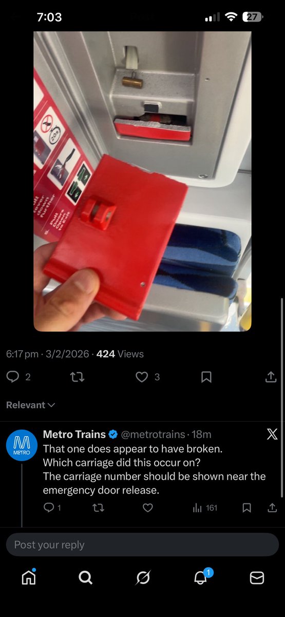 Ivan_Krazy's tweet photo. @DavidDavisMLC @metrotunnelvic This is also very concerning! Emergency door release was faulty and it broke off! https://t.co/RhxAhtLgGp