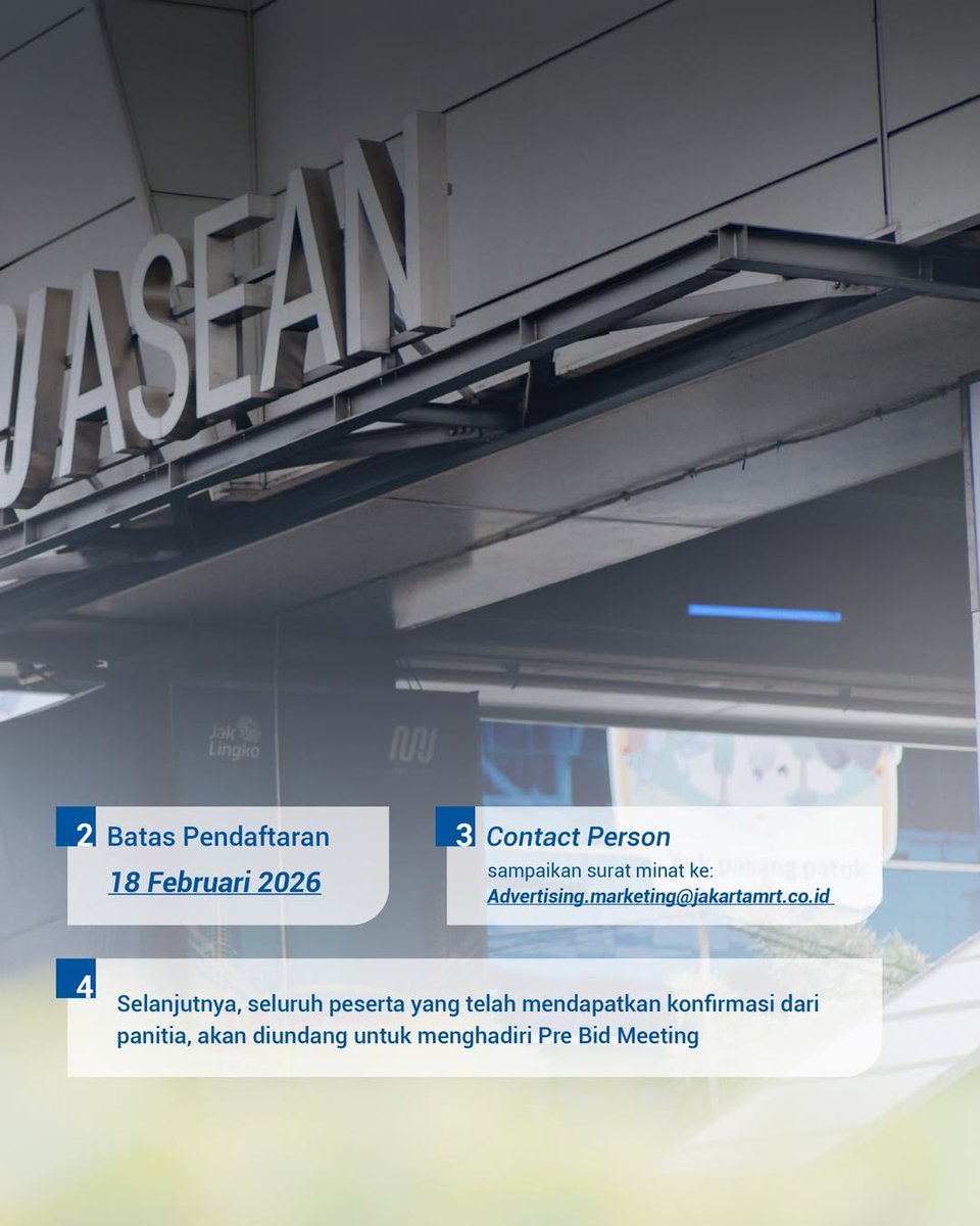 [UPDATE] Saat ini PT MRT Jakarta (Perseroda) tengah mencari Mitra Strategis untuk pengelolaan area periklanan pada Jembatan Layang ASEAN. 

Mitra Strategis yang dalam kurun waktu tertentu akan mengelola seluruh aspek Pembangunan Media, Kegiatan Komersial, Operasional, Monetisasi,