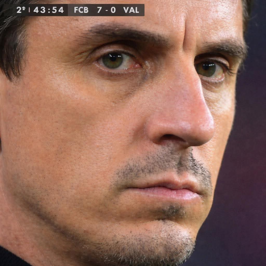 10 years ago today, Gary Neville's Valencia lost 7-0 to Barcelona with Suarez scoring a quadruple and Messi scoring a hat trick, causing Gary Neville to be sent to Sky Sports.