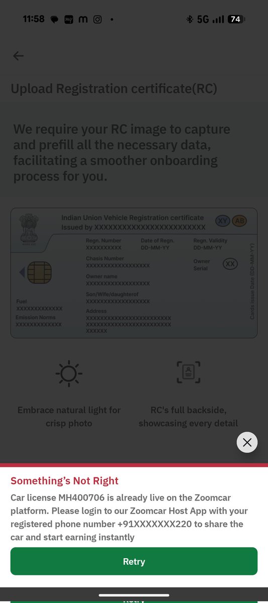 TejasPadekar4's tweet photo. @ZoomcarMUM My vehicle is wrongly showing as already live on your platform and linked to another account (number ending 220). The previous owner confirms he never registered this car. This appears to be unauthorized/incorrect linking. I have an RC copy and purchase proof. https://t.co/LrqmsLkPRI