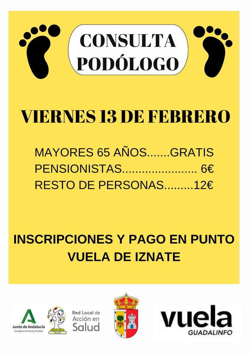 AxarquiaPlus's tweet image. El Ayuntamiento de Iznate informa de la consulta de Podología para personas vulnerables.
Próximo 13 de febrero, inscripciones en Punto Vuela.

#AxarquiaPlus #Axarquia #Iznate #Podologia