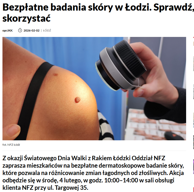 NFZ_Lodz's tweet photo. Jutro, we środę zapraszamy Was na #dermatoskopia to bezbolesne badanie pozwala odróżnić #pieprzyk od #czerniak
Sala obsługi klientów przy ul. Targowej 35 od g.10-14.
ℹ️Najwięcej osób choruje na #czerniak po 60.r.ż.
@NFZ_GOV_PL https://t.co/BTfKv9tuY5