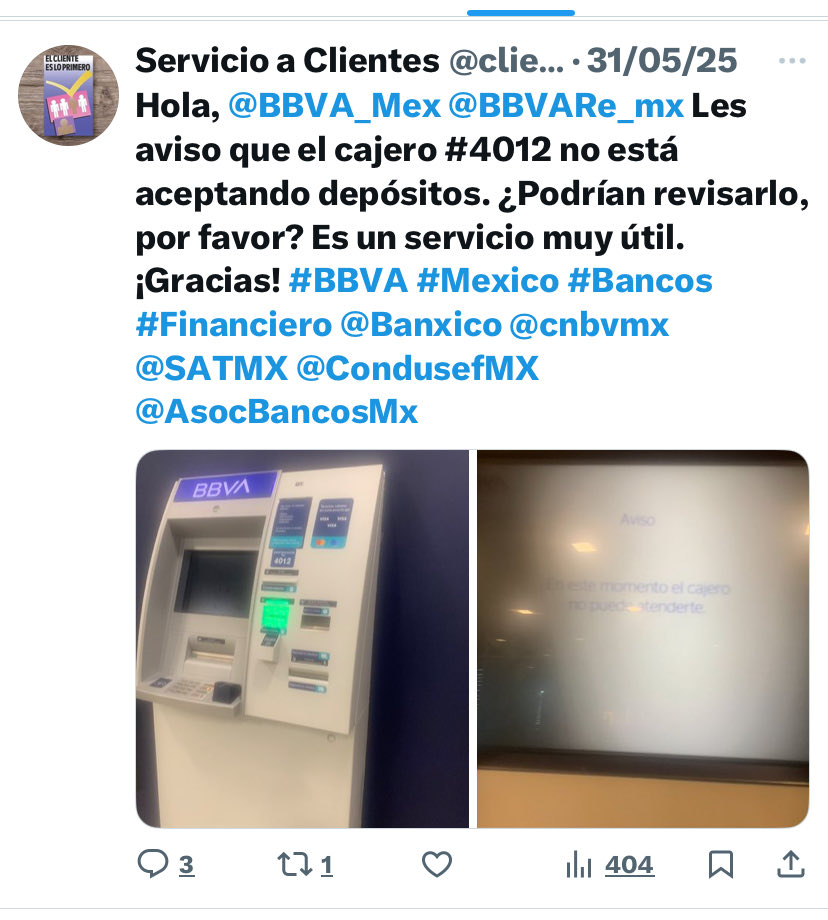 clientemx's tweet photo. Hoy, 8 meses después, me dicen LO MISMO: "vaya a sucursal". Su proceso de atención falla. No pido un milagro, pido: 1) Reparación REAL del cajero. 2) Un folio de reporte. 3) Explicación de por qué un reporte con número de cajero no se atendió en meses.  Me Cambiare a @banamex https://t.co/dMPDa1bI2k