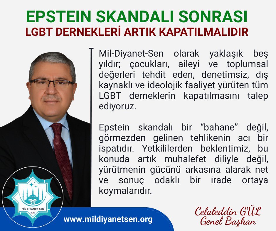 EPSTEIN SKANDALI SONRASI: LGBT DERNEKLERİ ARTIK KAPATILMALIDIR

Mil-Diyanet-Sen olarak yaklaşık beş yıldır; çocukları, aileyi ve toplumsal değerleri tehdit eden, denetimsiz, dış kaynaklı ve ideolojik faaliyet yürüten tüm LGBT derneklerin kapatılmasını talep ediyoruz.

Epstein