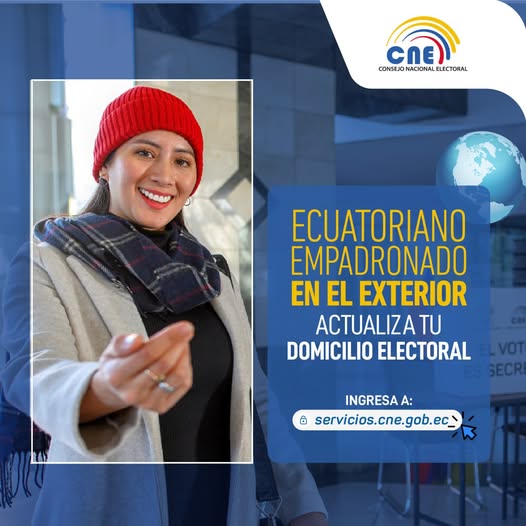 🌐| Si vives en el exterior y deseas votar en los próximos comicios 🇪🇨, actualiza tu domicilio electoral.

Realiza el trámite de forma ágil y rápida en 💻servicios.cne.gob.ec

¡Tu participación fortalece la democracia! 🗳️