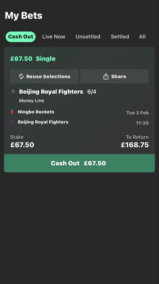China 🇨🇳 
Starts 11:35 🕦 

Ningbo Rockets Vs Beijing Royal Fighters 

Royal Fighters money line