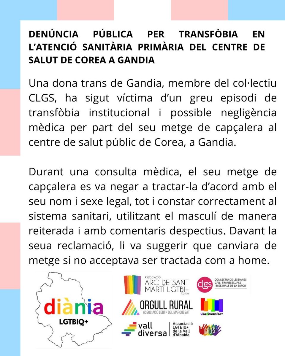 CLGS_SAFOR's tweet image. 🚨 DENÚNCIA PÚBLICA PER TRANSFÒBIA EN LA SANITAT PÚBLICA DE GANDIA 🚨

Una dona trans de Gandia, membre del col·lectiu CLGS, ha patit un greu cas de transfòbia institucional i possible negligència mèdica al Centre de Salut de Corea (Gandia).

#StopTransfòbia